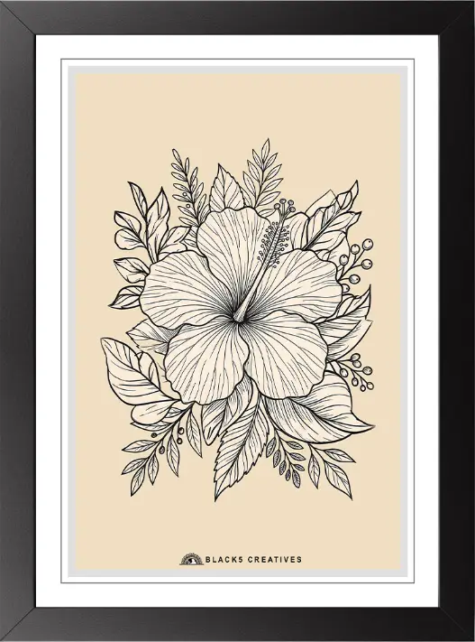 Tropical Hibiscus Line Art Wall Painting With Frame 9x13 Inch