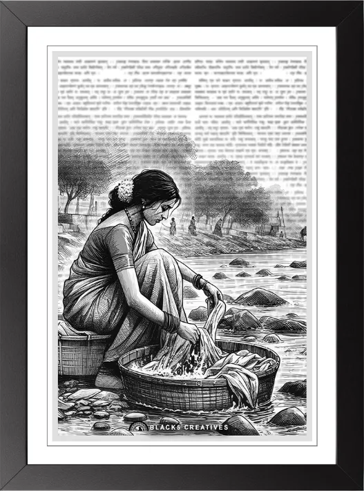 Village Woman Riverbank Wall Painting With Frame – 9x13 Inch