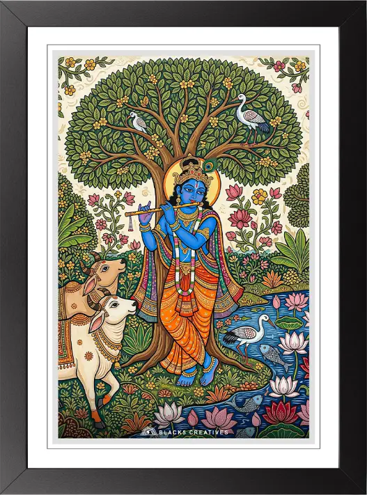Krishna Cows Under Tree Wall Painting With Frame, 9x13