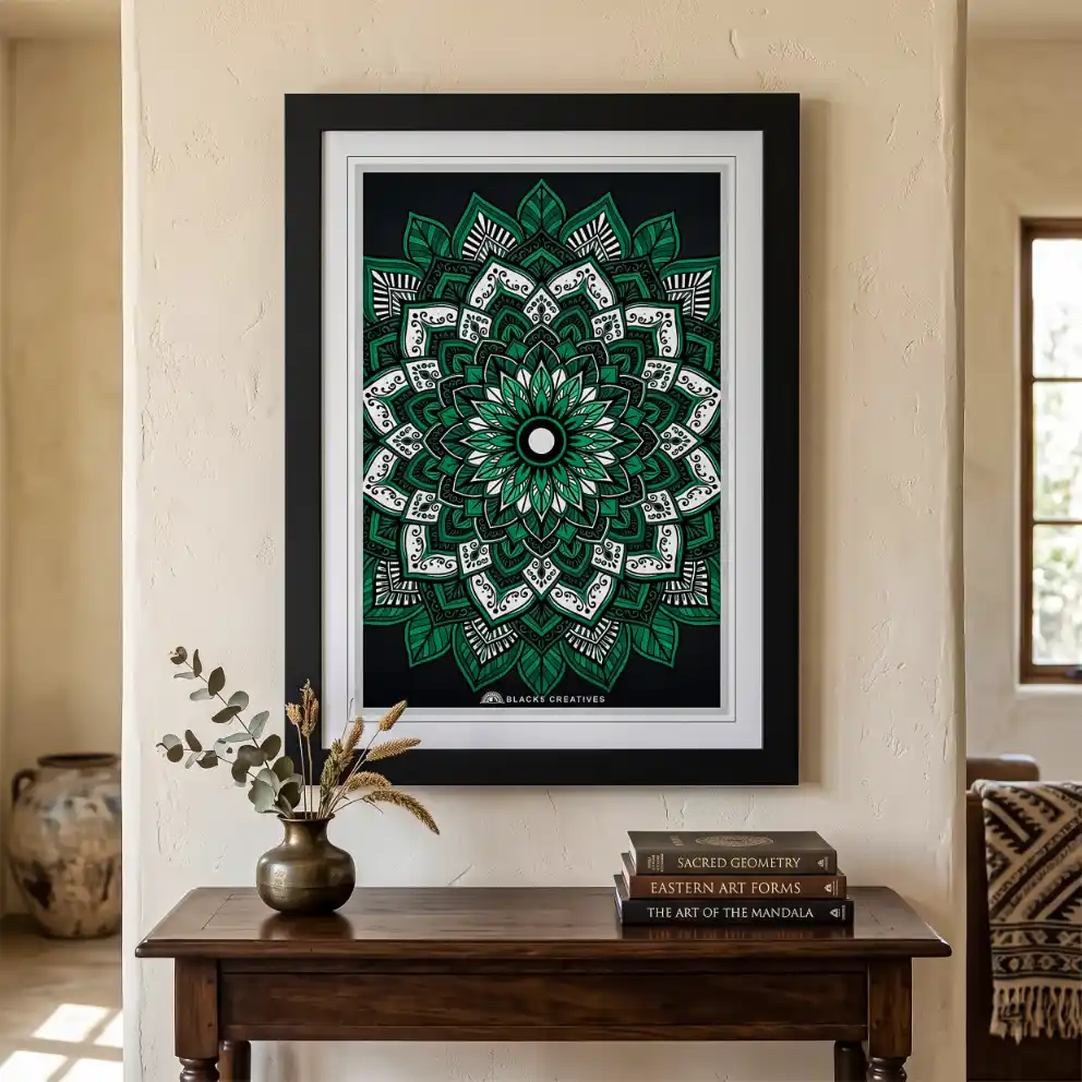 Green Mandala Meditation Wall Painting With Frame 9x13 Inch