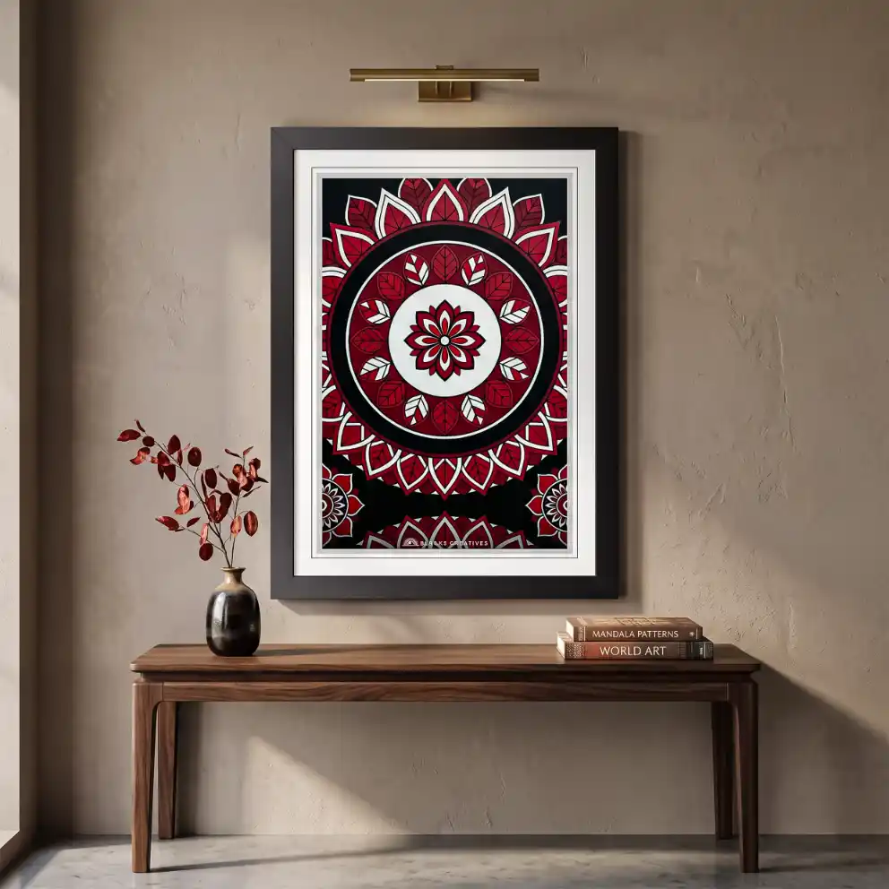 Bold Red Mandala Flower Wall Painting With Frame 9x13 Inch