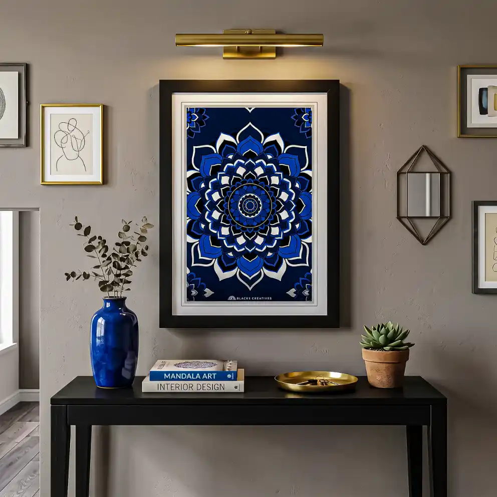 Royal Blue Mandala Flower Wall Painting With Frame 9x13"