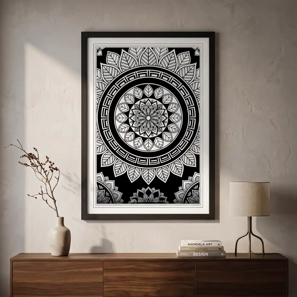 Classic Black White Mandala Wall Painting With Frame 9x13"