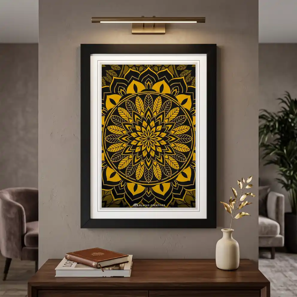 Luxe Gold Black Mandala Wall Painting With Frame 9x13 Inch