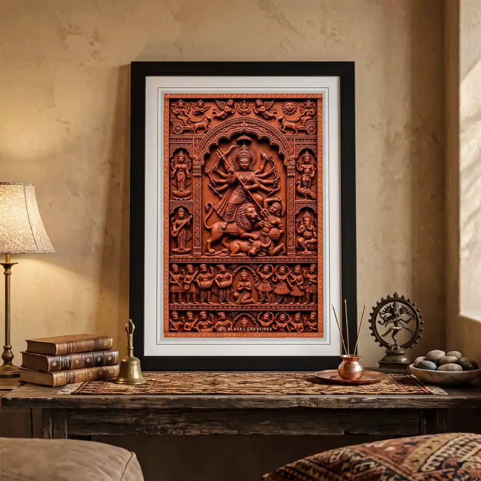 Durga Terracotta Relief Wall Painting With Frame – 9x13 Inch