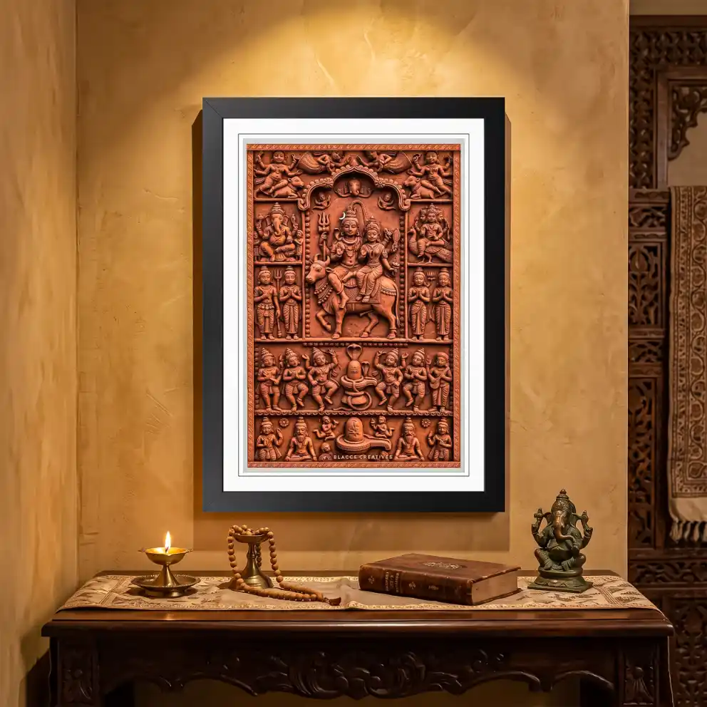 Shiva Parvati Terracotta Wall Painting With Frame – 9x13 Inch