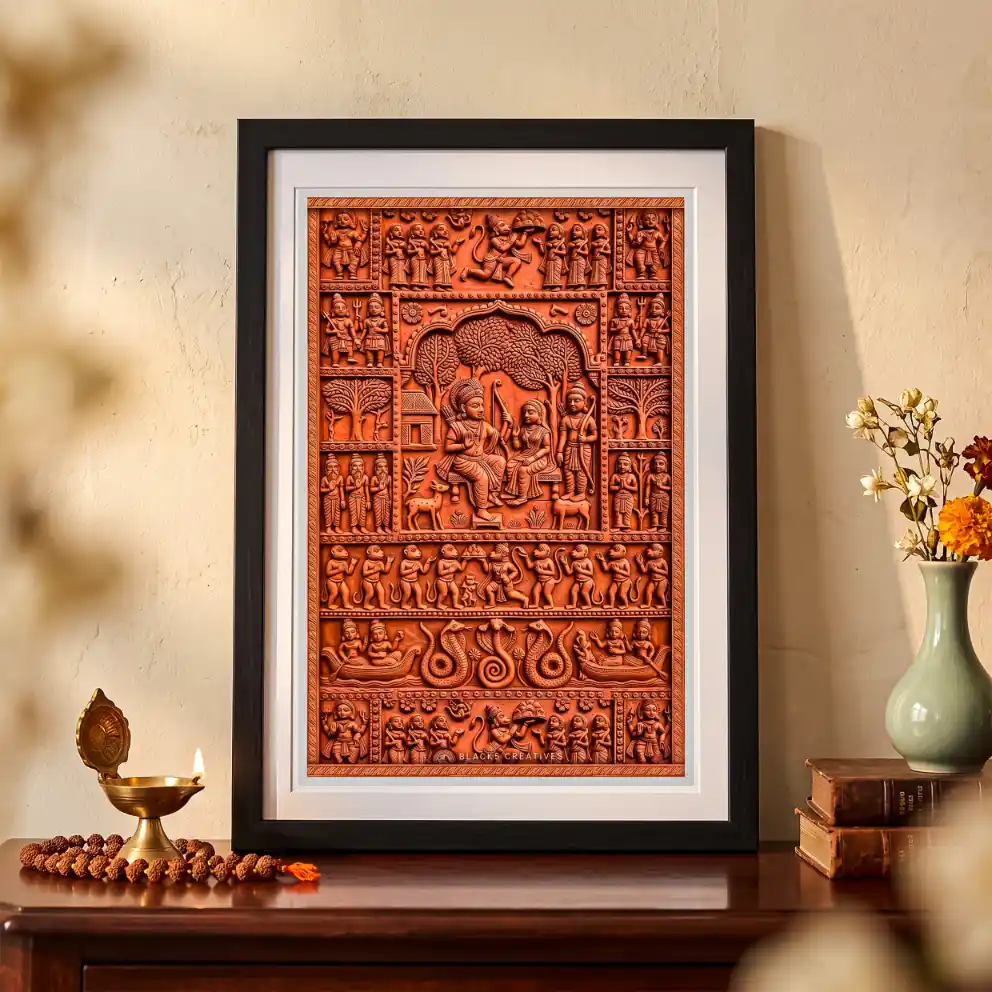Rama Sita Terracotta Wall Painting With Frame – 9x13 Inch