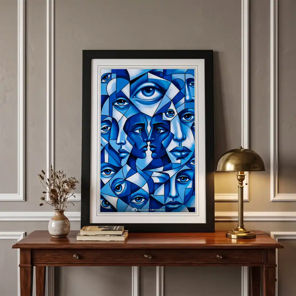 Blue Cubist Faces Aesthetic Wall Painting With Frame 9x13