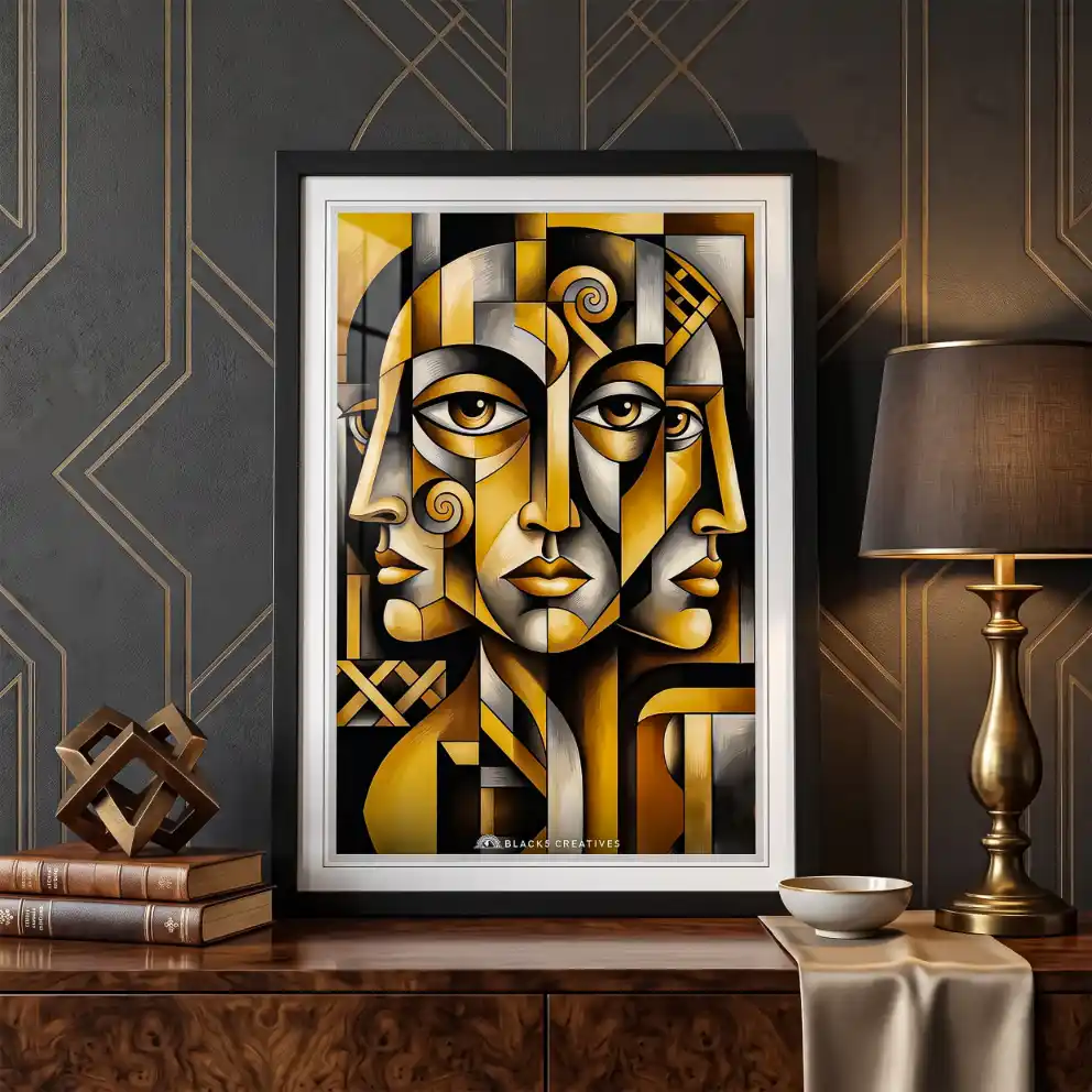 Golden Cubist Faces Aesthetic Wall Painting With Frame 9x13