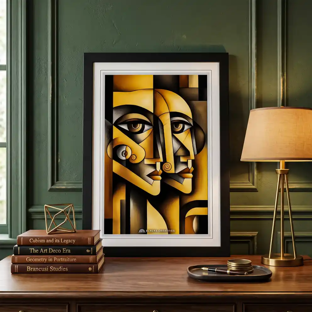 Golden Cubist Duo Aesthetic Wall Painting With Frame 9x13
