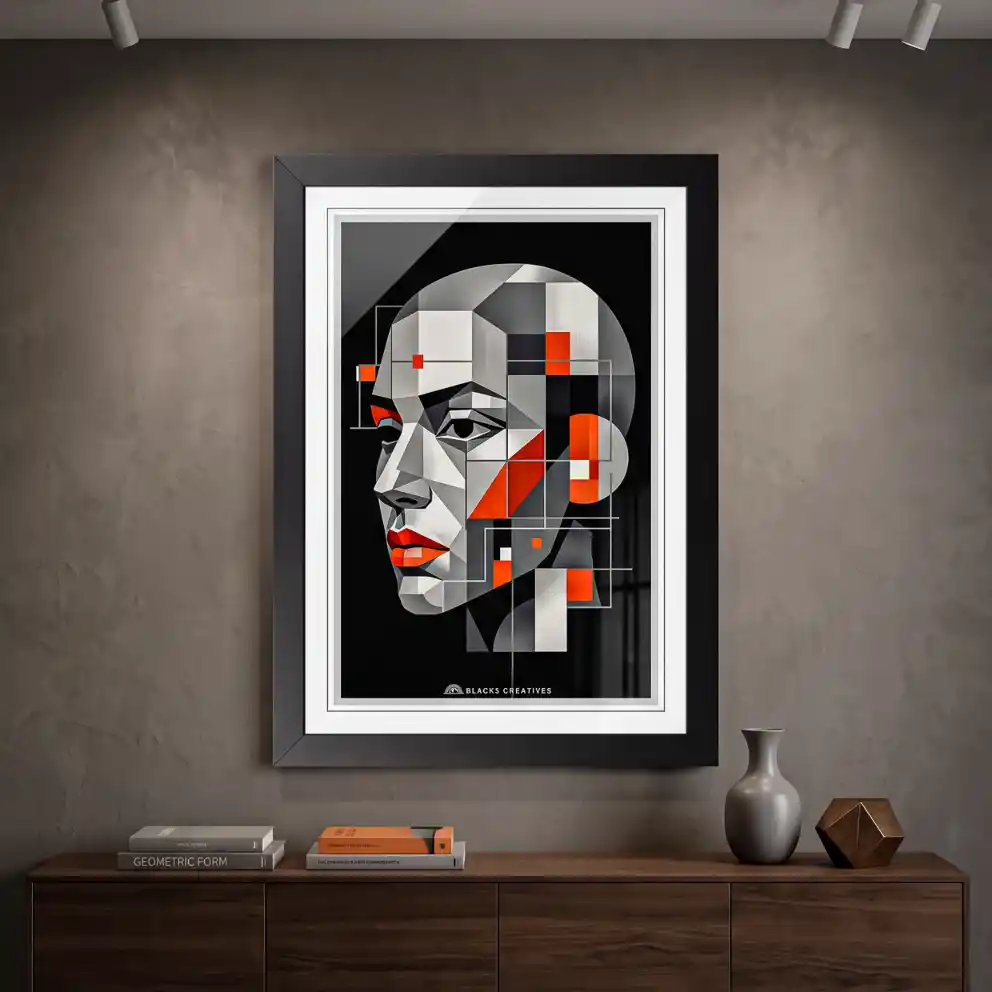 Silver Geometric Face Aesthetic Wall Painting With Frame 9x13