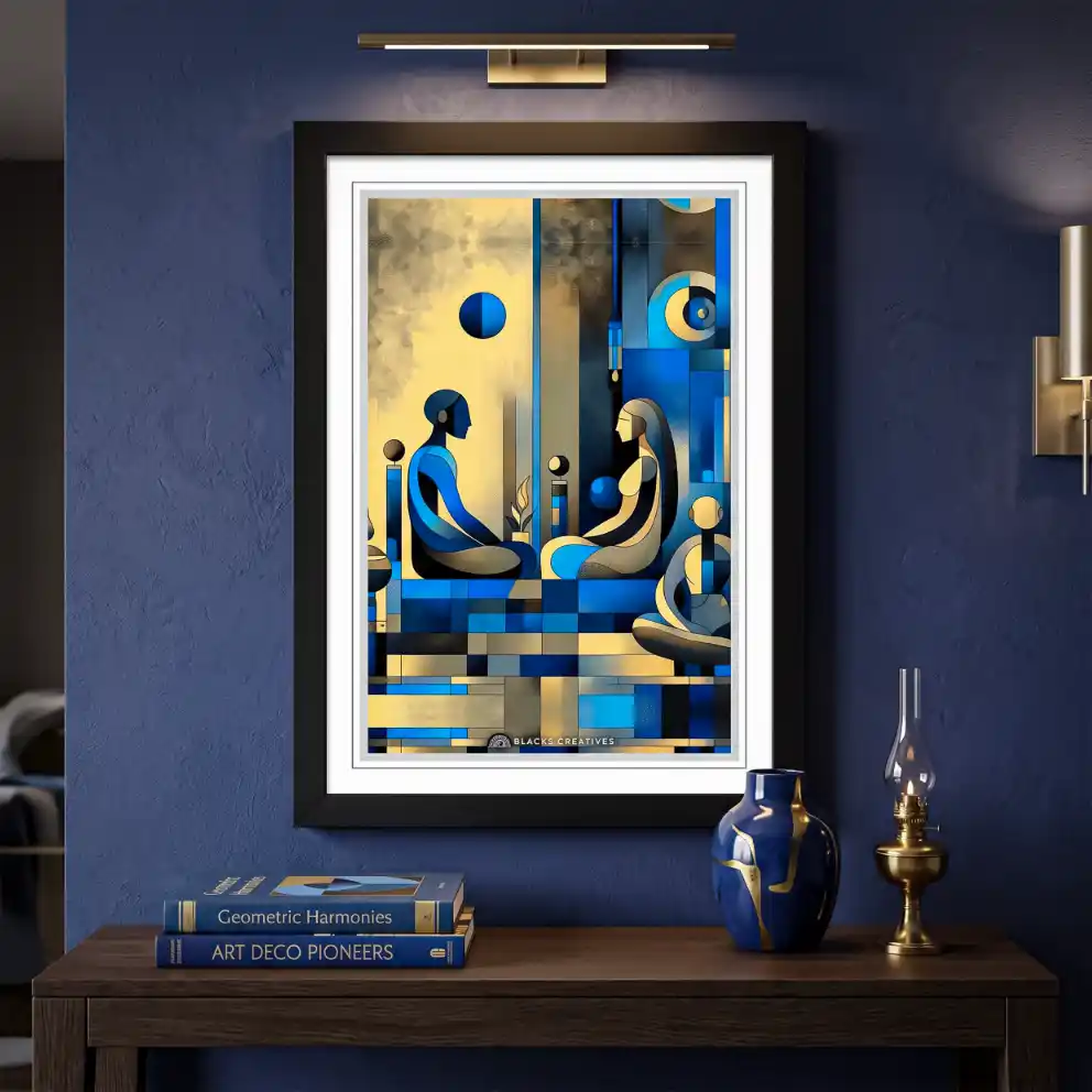 Blue Deco Couple Aesthetic Wall Painting With Frame 9x13