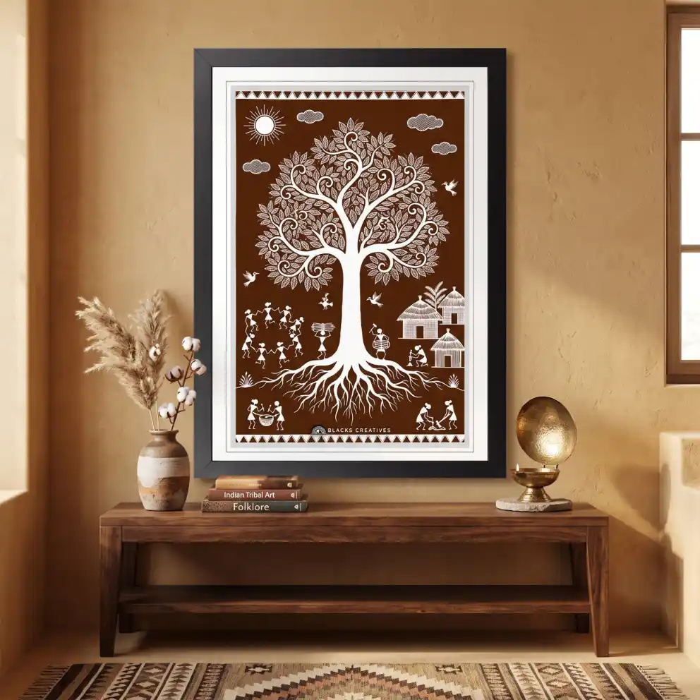 Warli Tree Of Life Wall Painting With Frame 9x13 Inch
