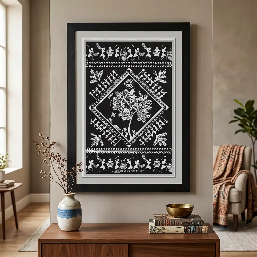 Black White Warli Diamond Tree Wall Painting Frame 9x13