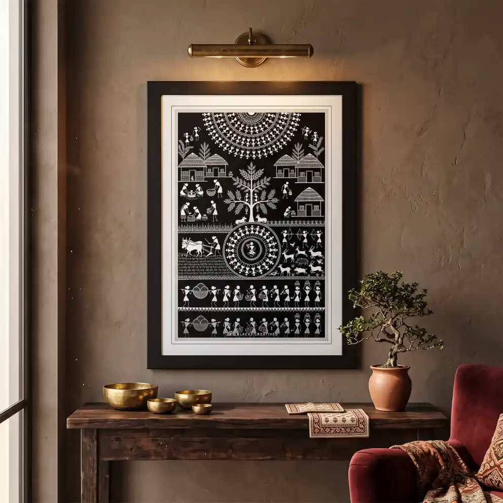 Black White Warli Village Life Wall Painting Frame 9x13