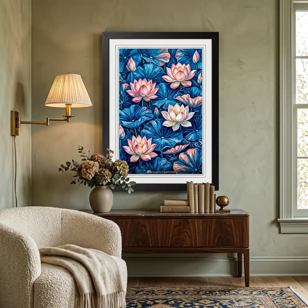 Lotus Flower Pond Aesthetic Wall Painting With Frame 9x13