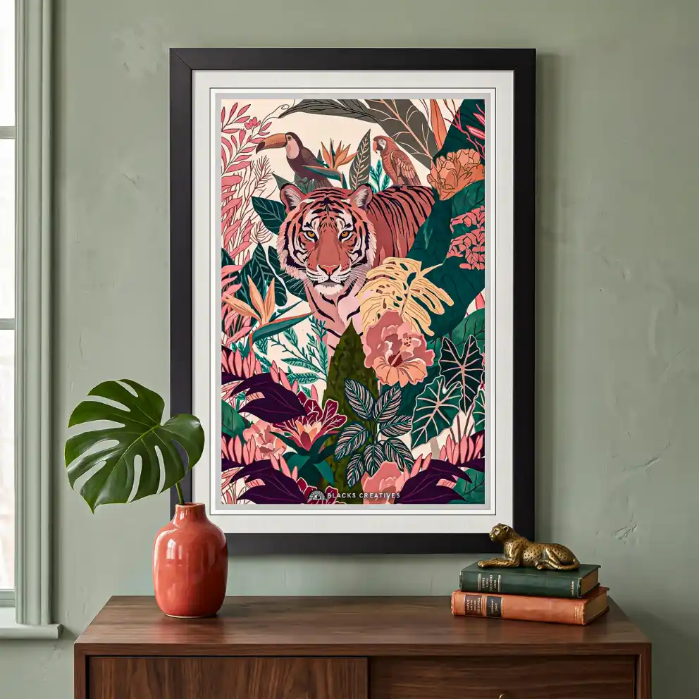 Jungle Tiger Tropical Aesthetic Wall Painting With Frame 9x13