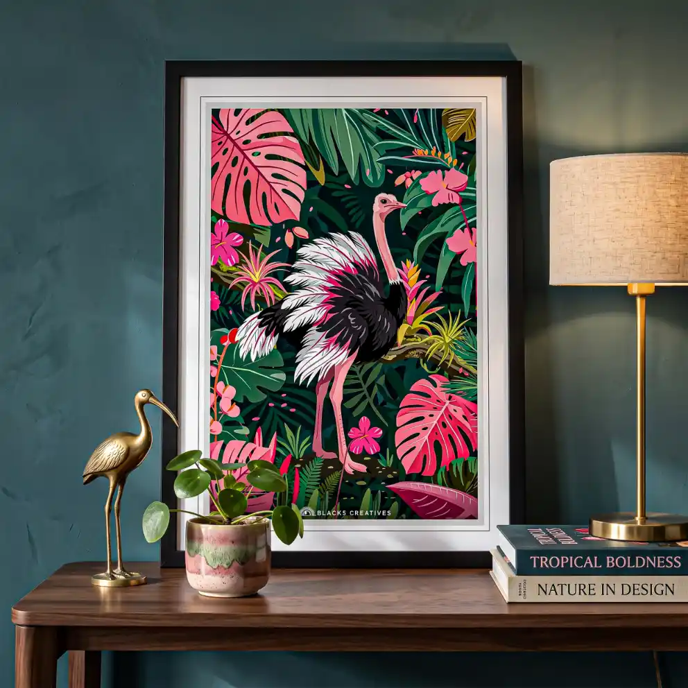 Tropical Ostrich Bird Aesthetic Wall Painting With Frame 9x13