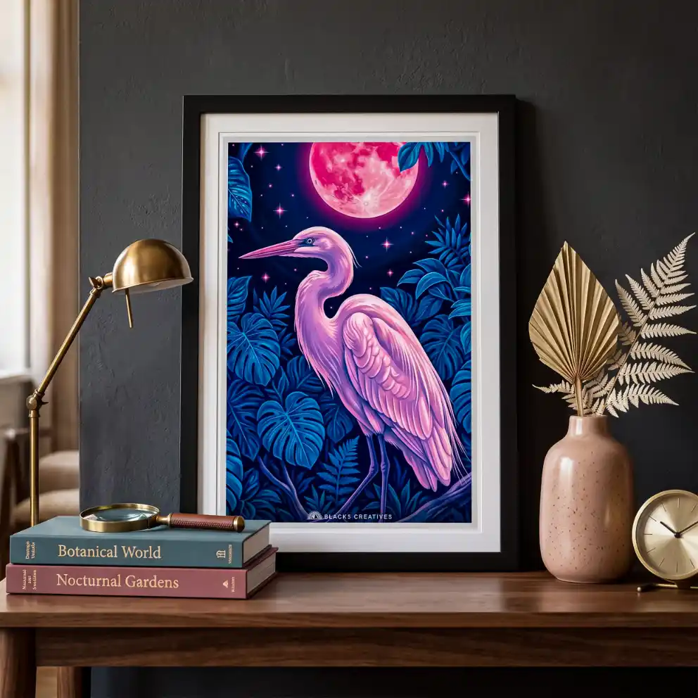 Pink Moonlit Heron Aesthetic Wall Painting With Frame 9x13