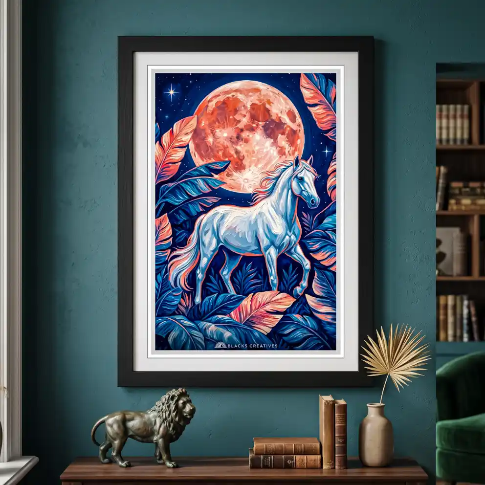 White Moonlit Horse Aesthetic Wall Painting With Frame 9x13
