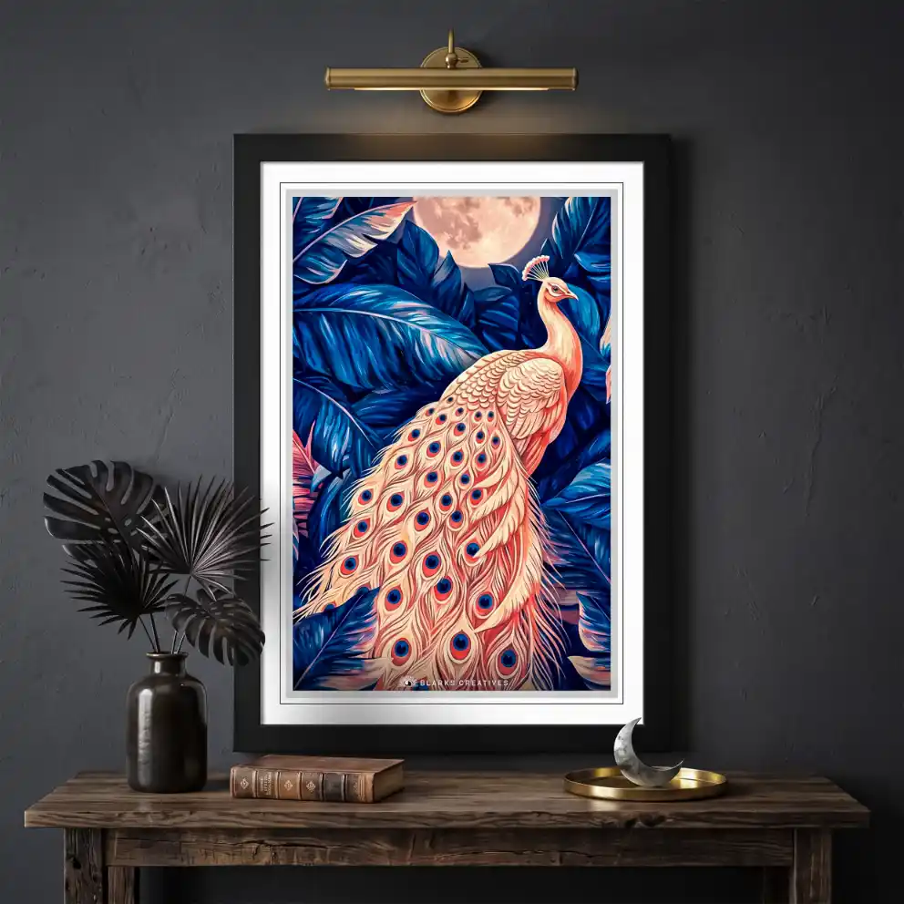 Moonlit Peacock Aesthetic Wall Painting With Frame 9x13 Inch