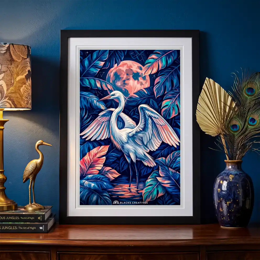White Egret Moonlit Aesthetic Wall Painting With Frame 9x13