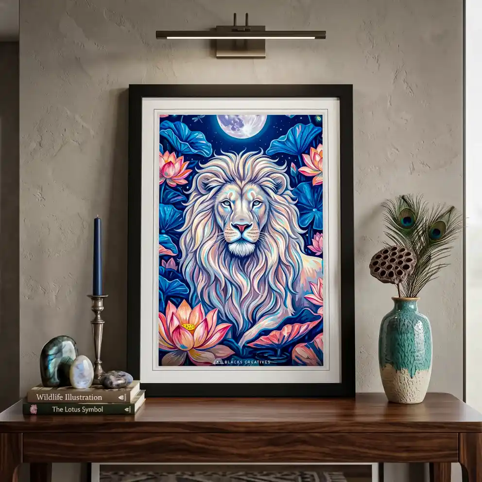 White Lion Moonlit Aesthetic Wall Painting With Frame 9x13