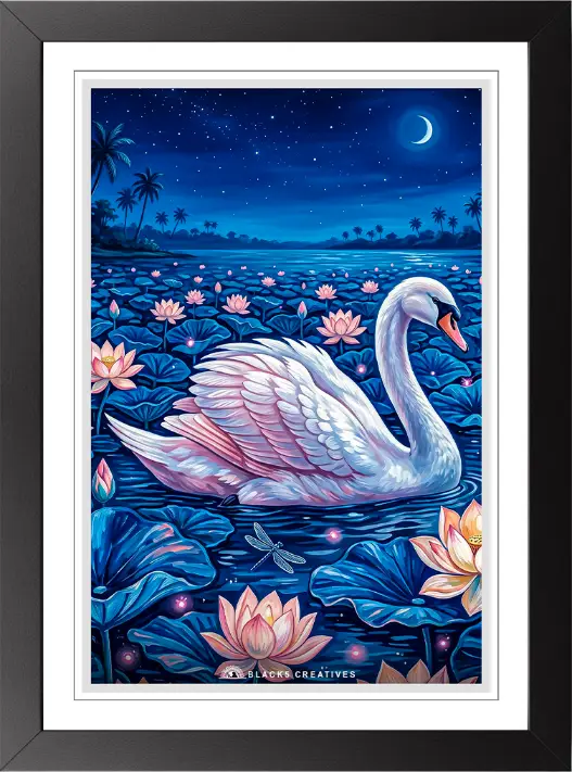Moonlit Swan Lotus Aesthetic Wall Painting With Frame 9x13