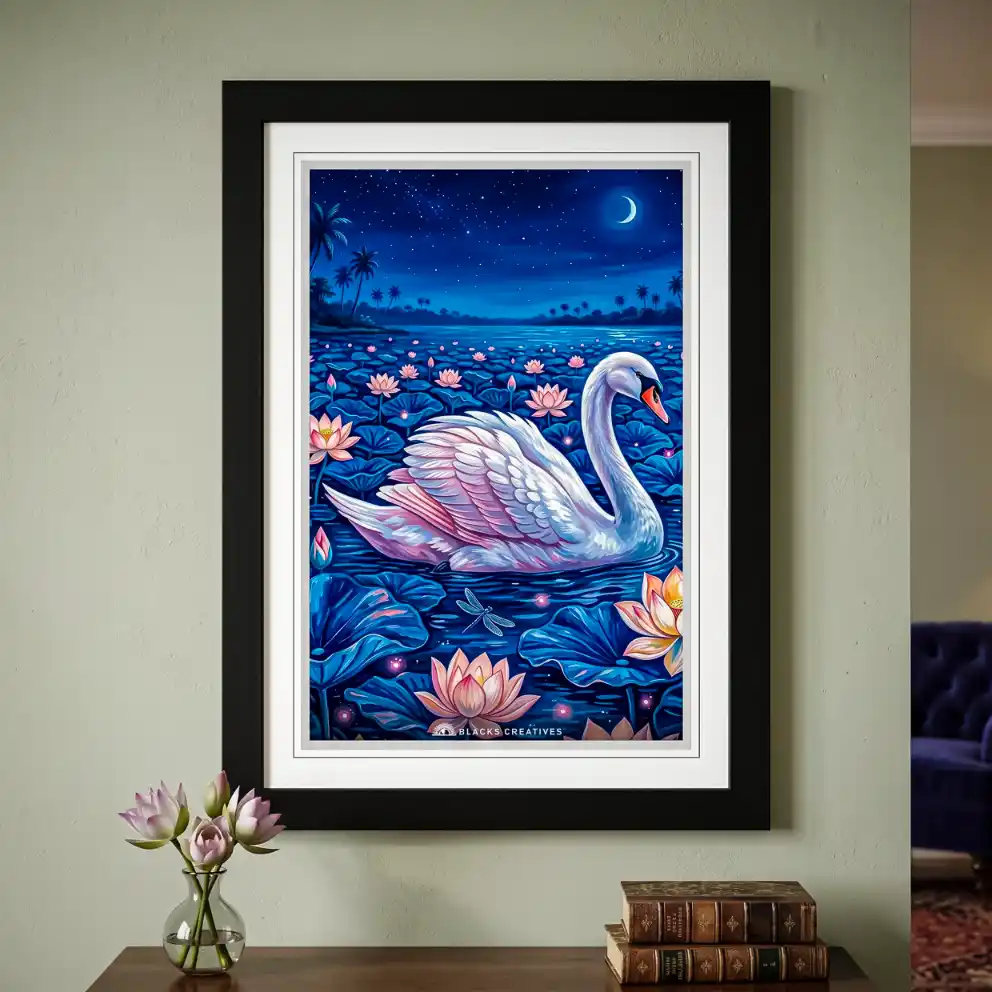 Moonlit Swan Lotus Aesthetic Wall Painting With Frame 9x13