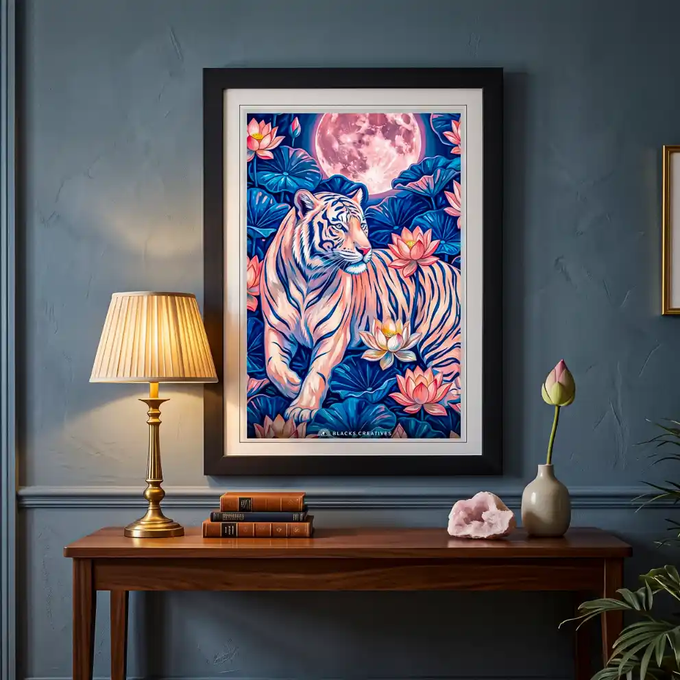 White Tiger Moonlit Aesthetic Wall Painting With Frame 9x13