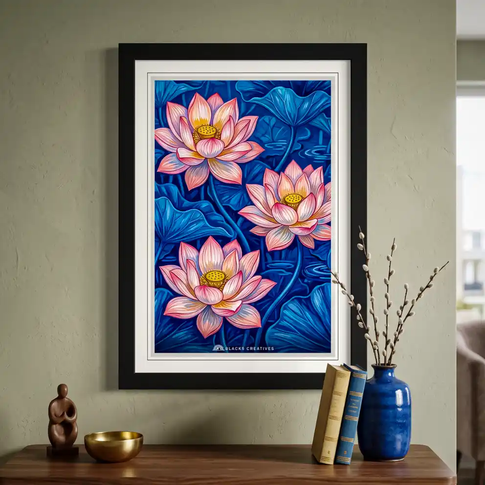 Pink Lotus Flower Aesthetic Wall Painting With Frame 9x13