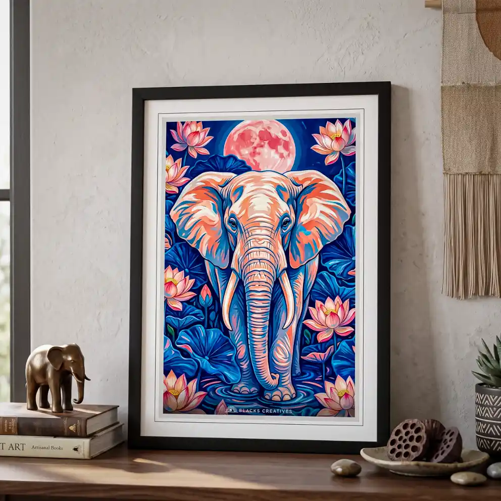 Moonlit Elephant Lotus Aesthetic Wall Painting With Frame 9x13