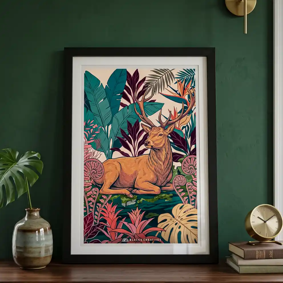 Tropical Deer Stag Aesthetic Wall Painting With Frame 9x13