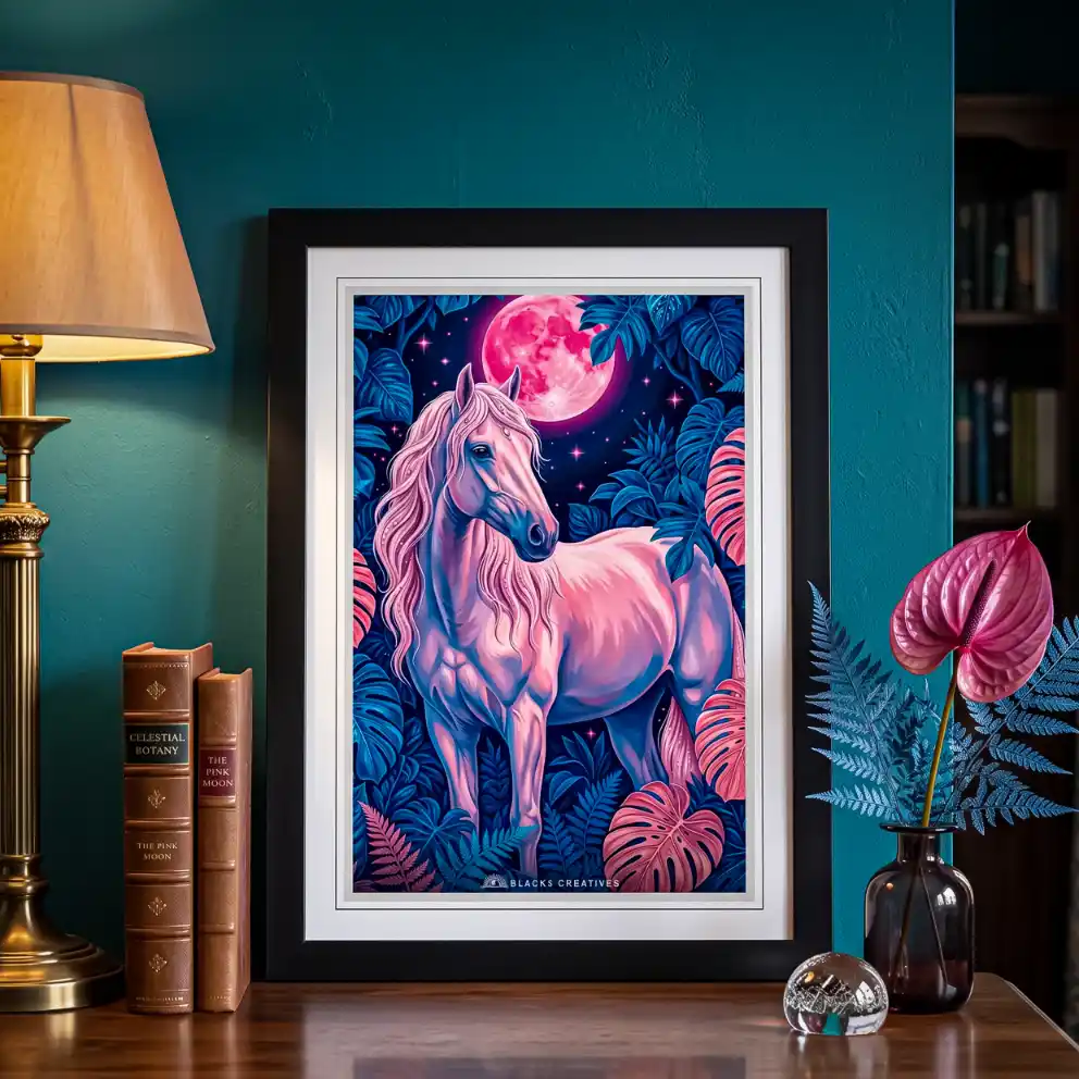 Pink Moonlit Horse Aesthetic Wall Painting With Frame 9x13