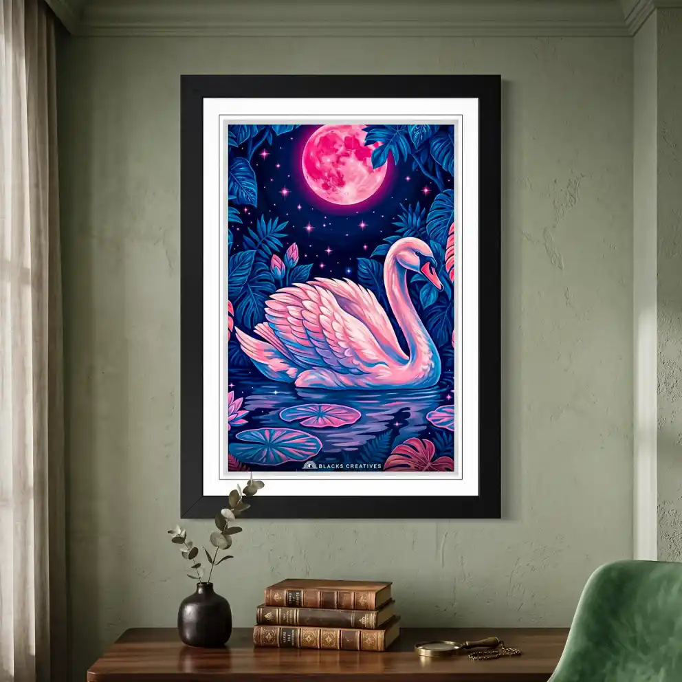 Pink Swan Moonlit Aesthetic Wall Painting With Frame 9x13