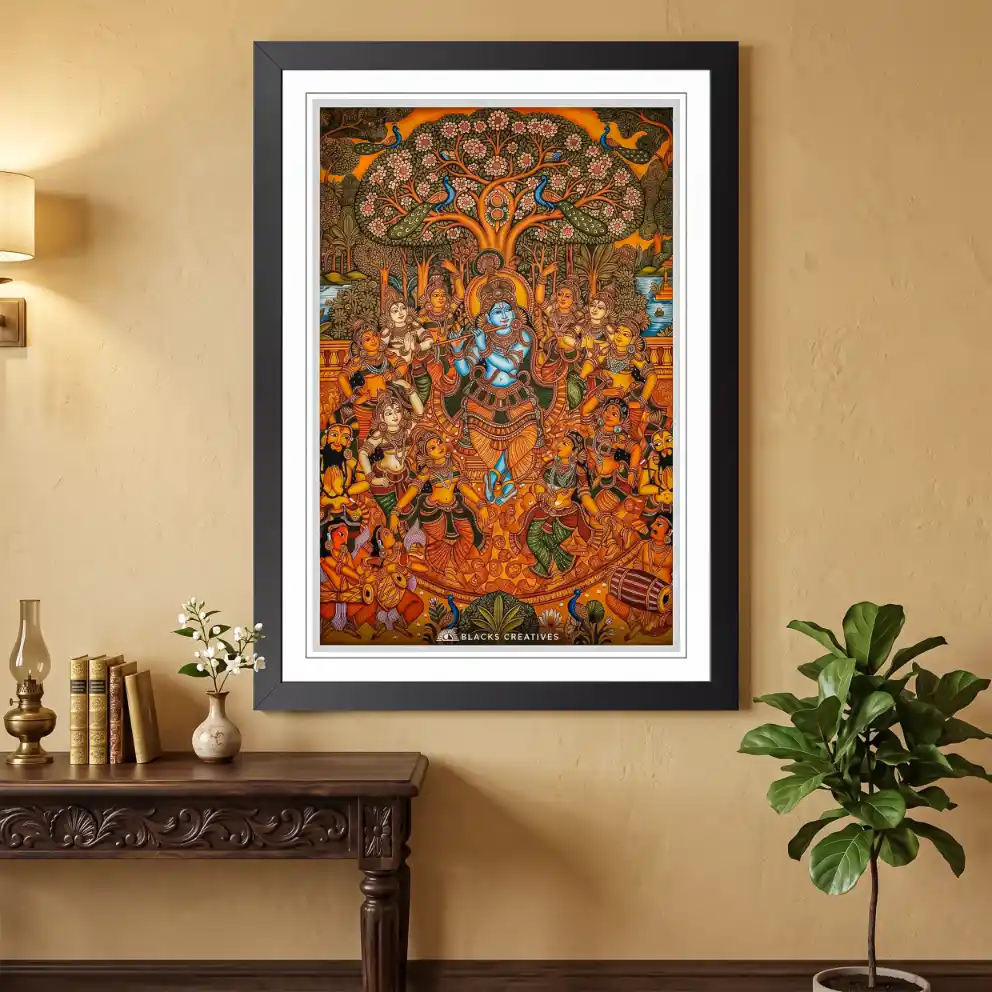 Kerala Mural Krishna Raas Leela Wall Painting Frame – 9x13 Inch