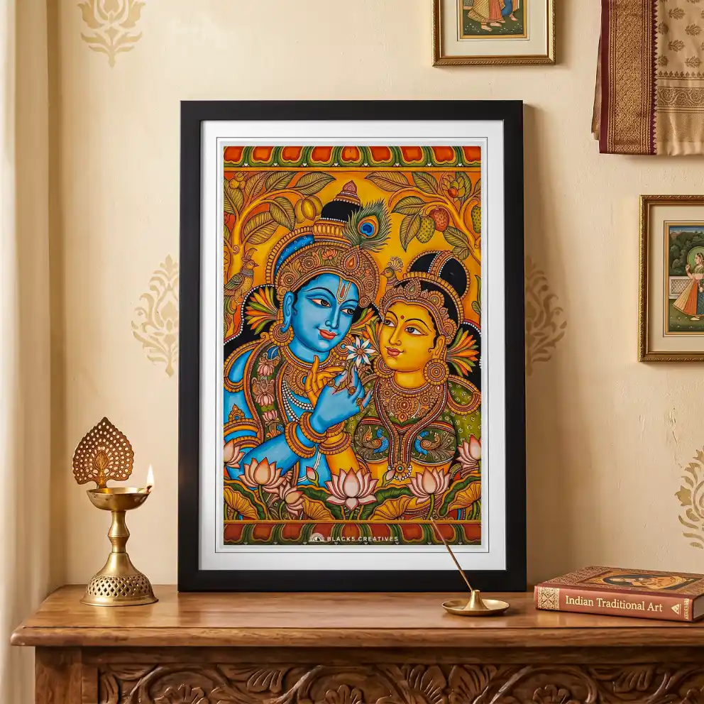 Radha Krishna Traditional Aesthetic Wall Painting With Frame 9x13