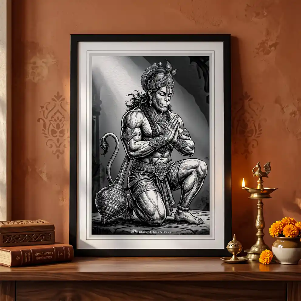 Hanuman Ji Praying Black White Wall Painting, 9x13 Inch