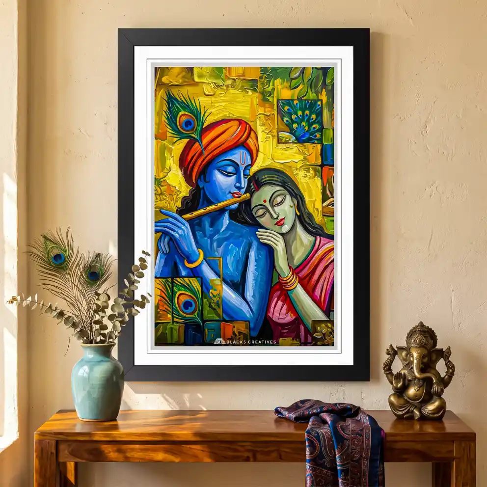 Radha Krishna Colorful Wall Painting With Frame, 9x13 Inch