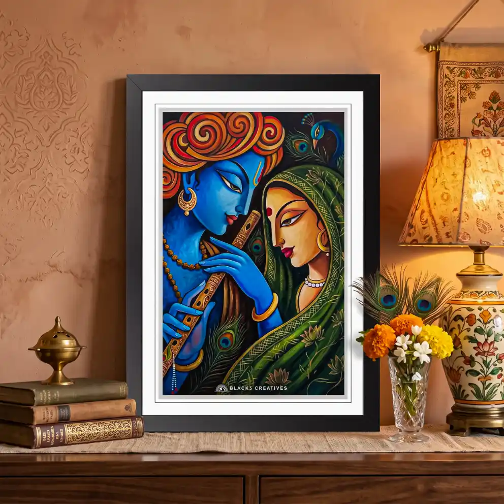 Radha Krishna Artistic Wall Painting With Frame, 9x13 Inch