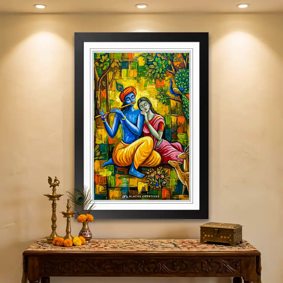 Radha Krishna Forest Nature Wall Painting With Frame, 9x13