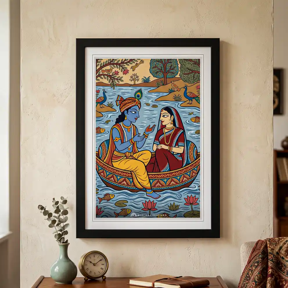 Radha Krishna River Boat Wall Painting With Frame, 9x13