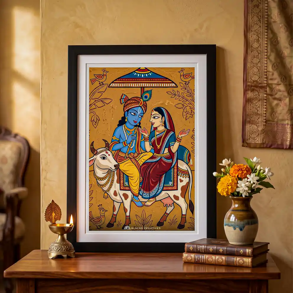 Radha Krishna Cow Umbrella Wall Painting With Frame, 9x13