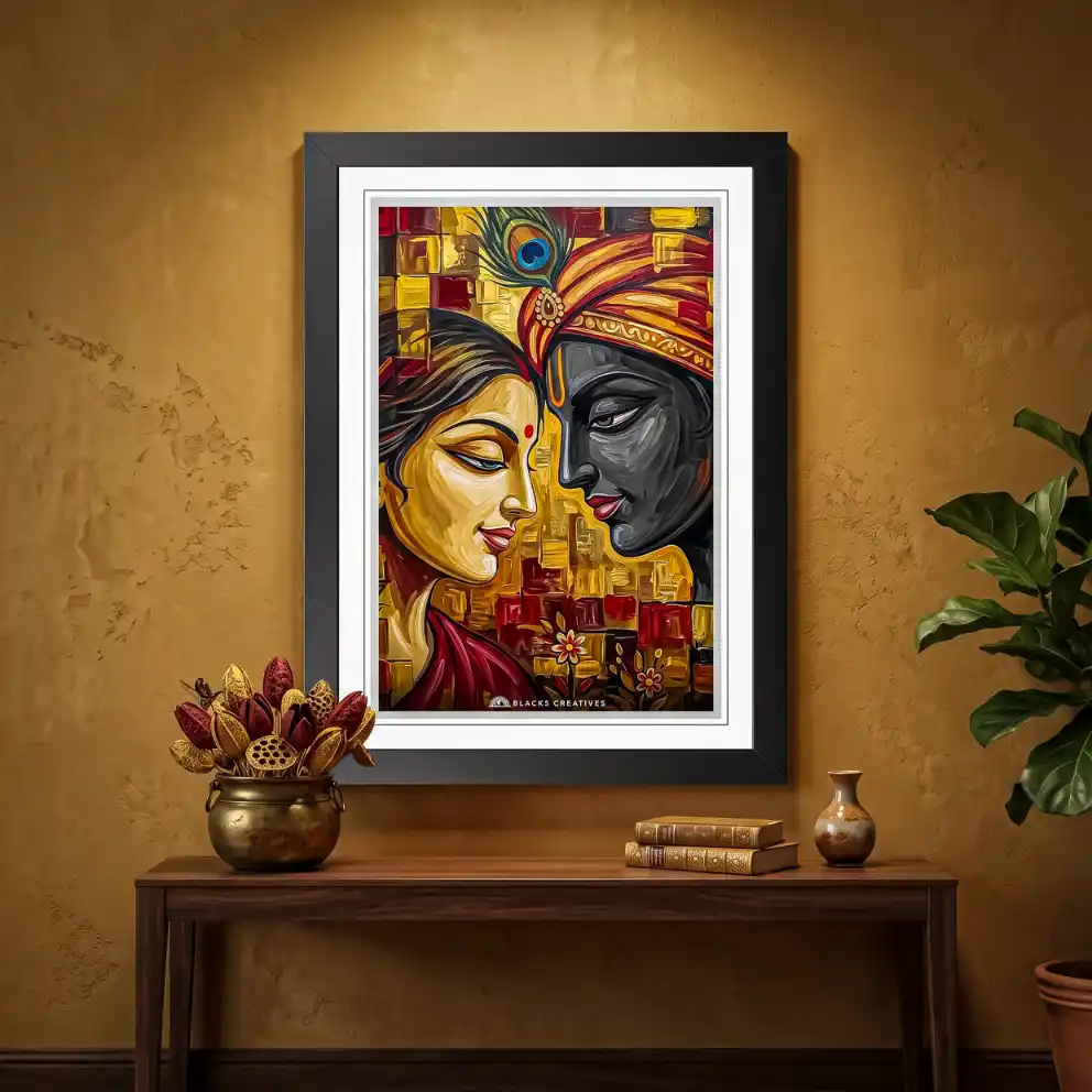 Radha Krishna Crimson Gold Wall Painting With Frame, 9x13