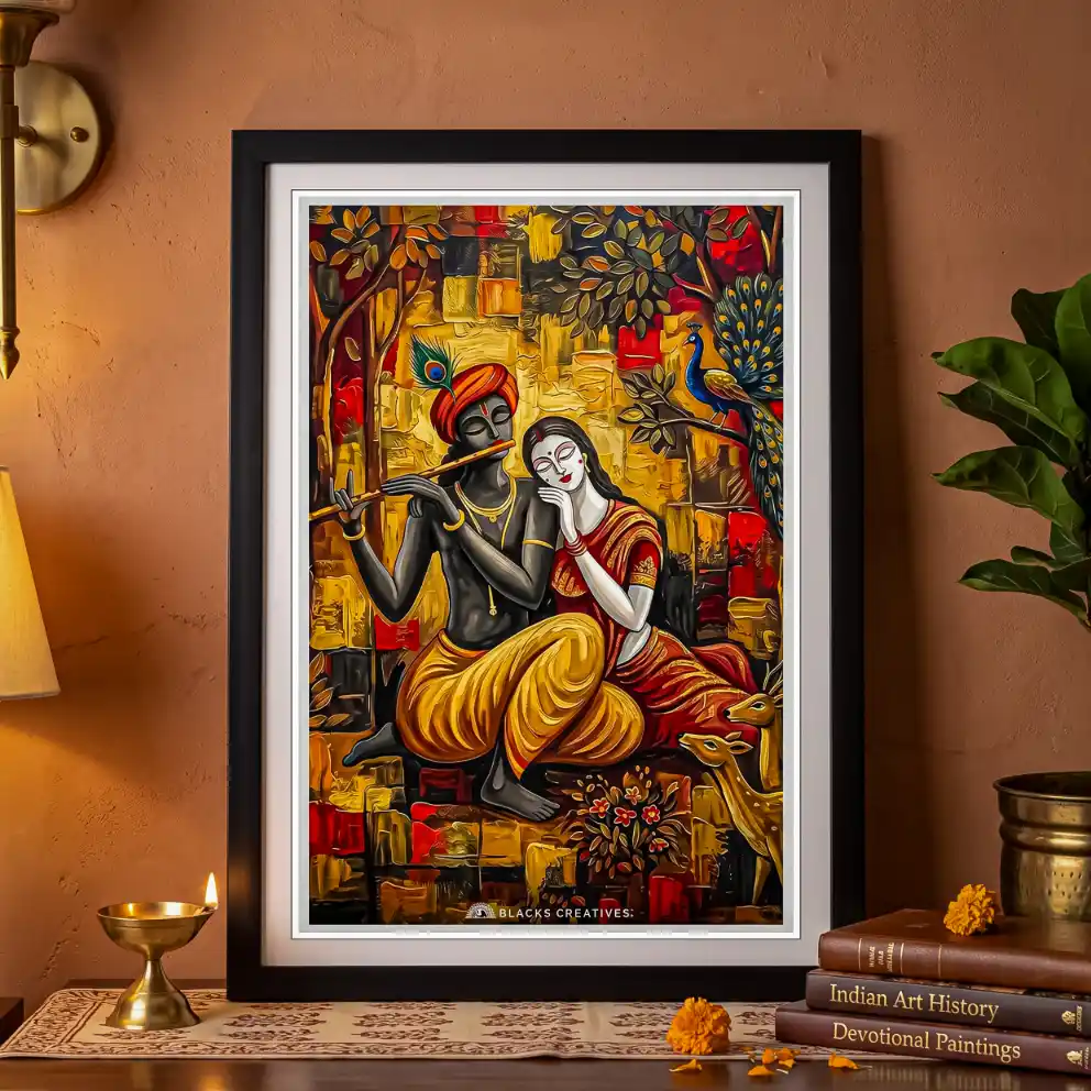 Radha Krishna Forest Twilight Wall Painting With Frame, 9x13
