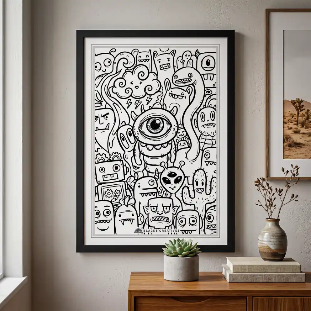 Doodle Monster Art Aesthetic Wall Painting With Frame 9x13
