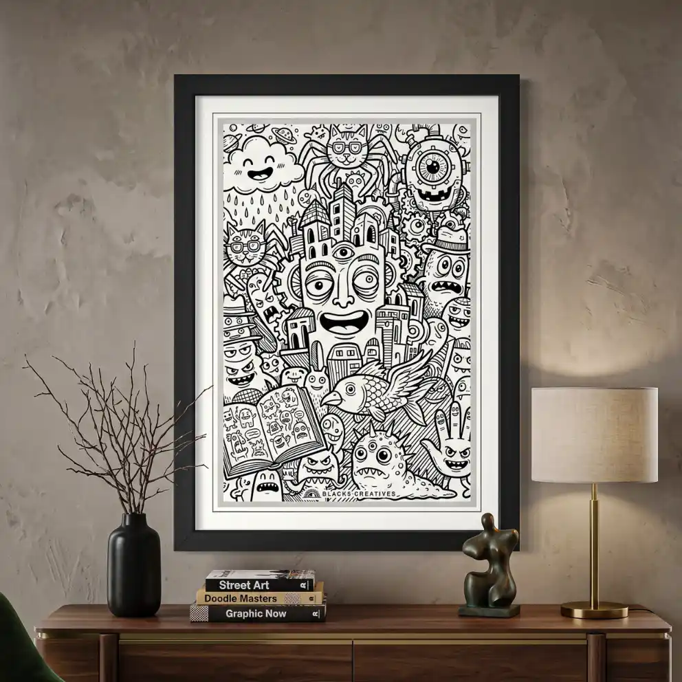 Surreal Doodle City Aesthetic Wall Painting With Frame 9x13