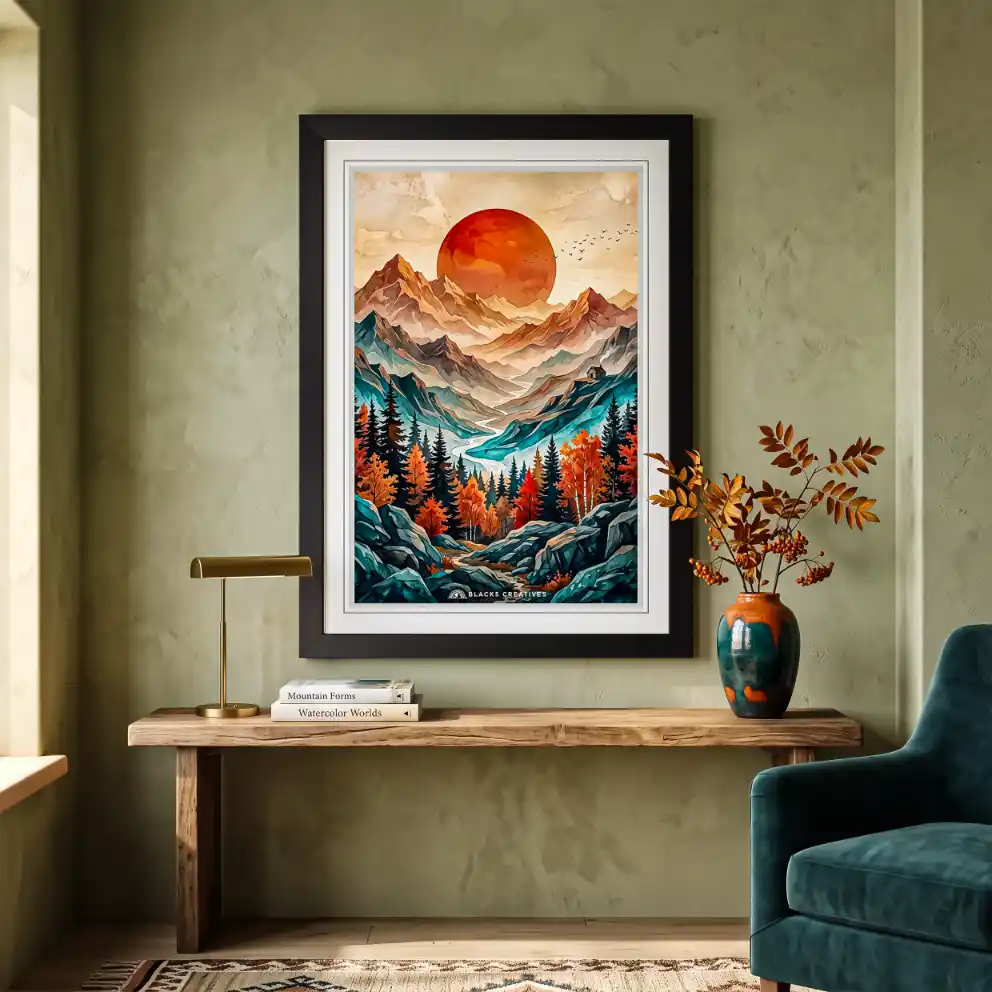 Scenic Mountain Sunset Landscape Wall Painting With Frame 9x13 Inch
