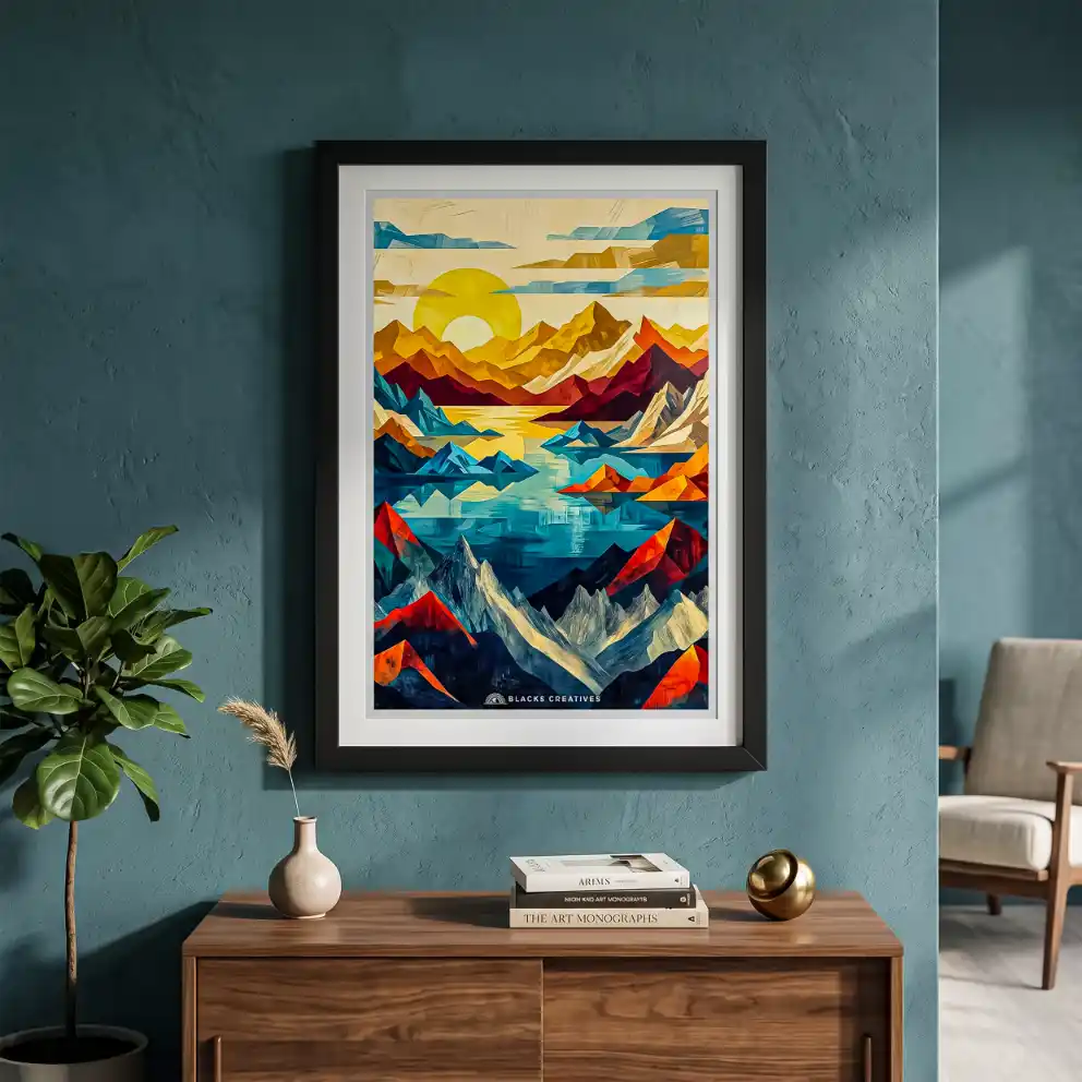 Colorful Geometric Mountain Lake Wall Painting With Frame 9x13 Inch