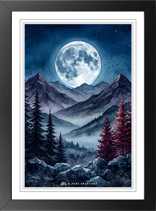 Serene Moonlit Mountain Night Wall Painting With Frame 9x13 Inch